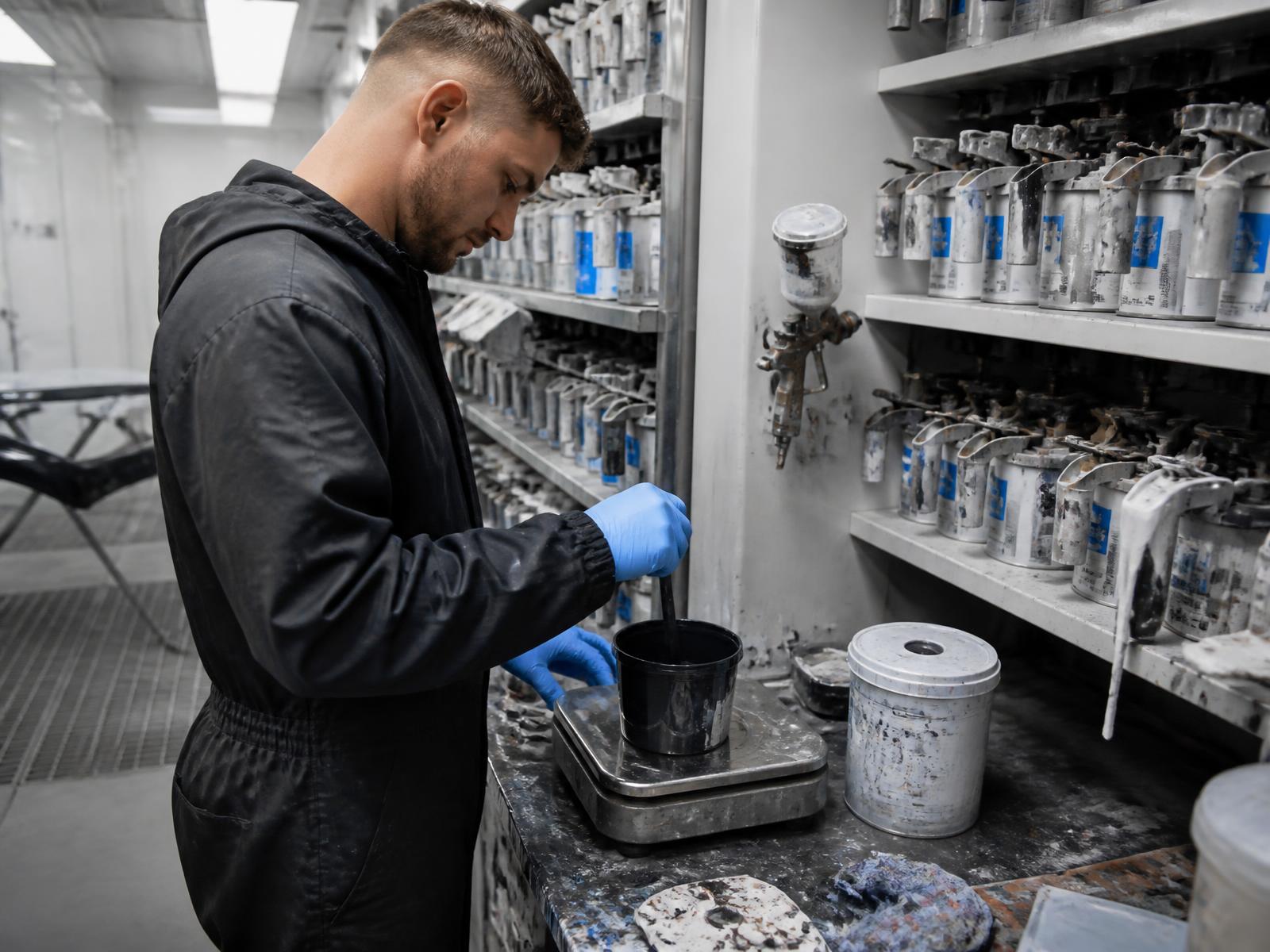 Technician mixing colour matched automotive paint in the workshop
