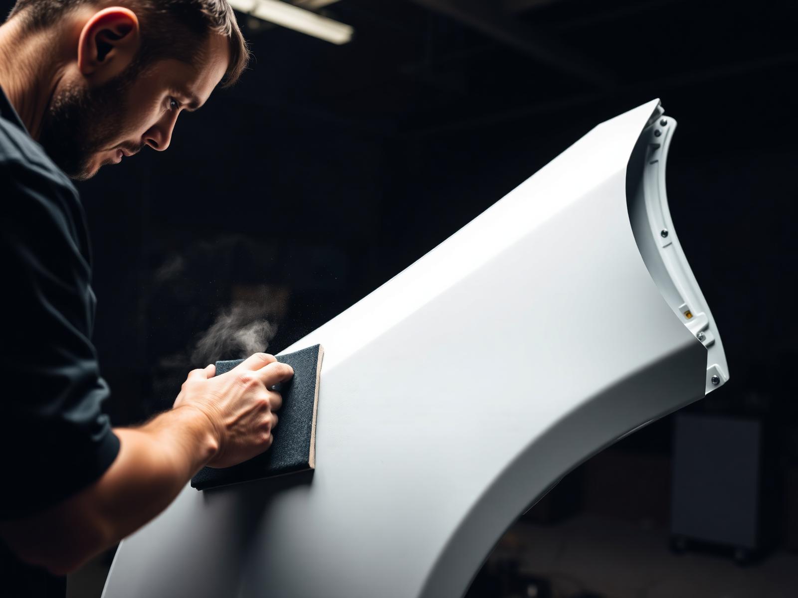 Technician preparing a car panel before paint