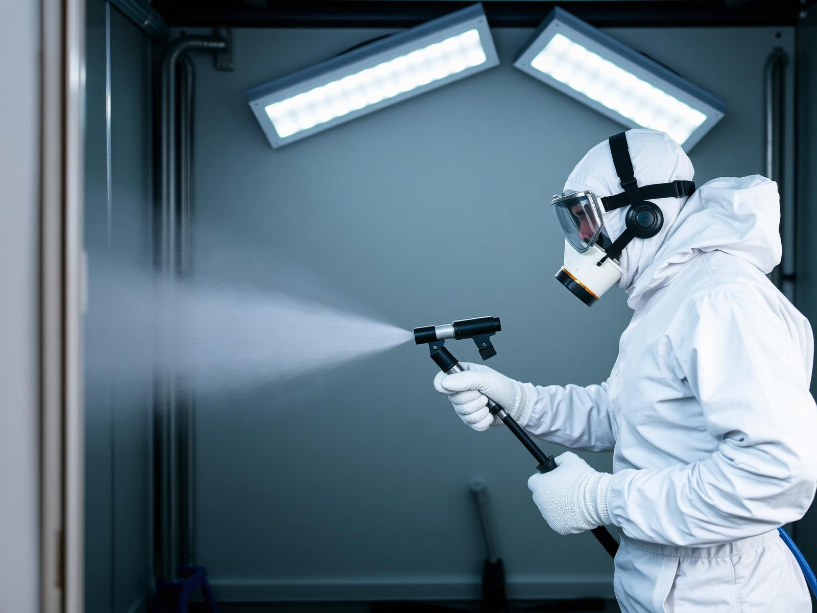 Spray gun refinishing a car panel in the paint booth